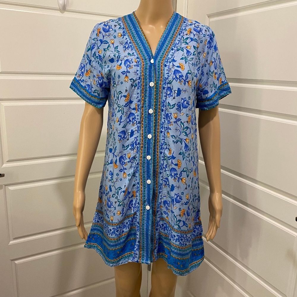 Women's Floral Button Down Dress Small Blue Multi Short Sleeve V Neck Sundress